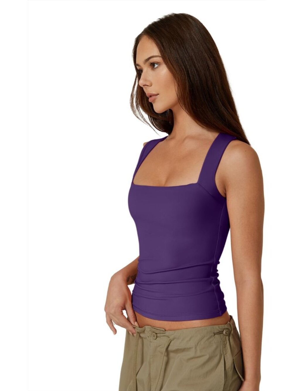Women's Dark Purple Sleeveless Square Neck Double Layer Fitted Stretch Top - Picture 3 of 6